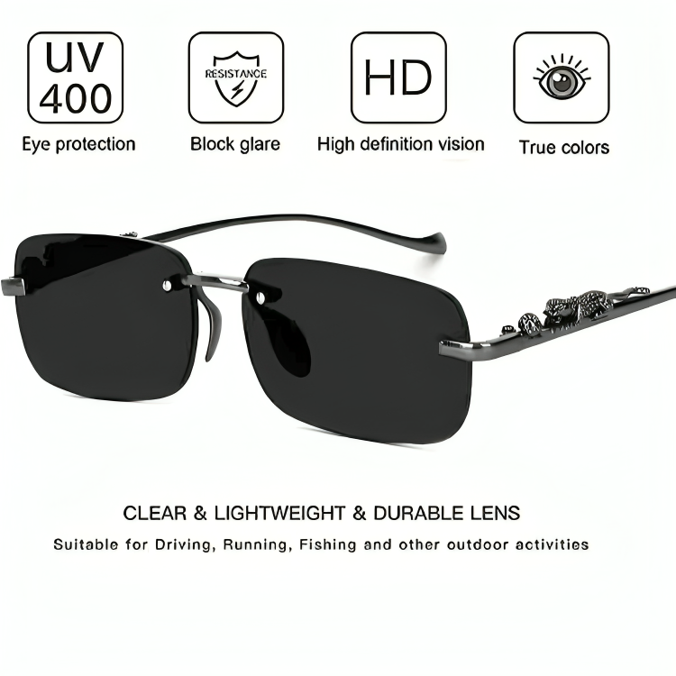 Mursolyn Premium Rimless Rectangle Sunglasses – Black Metal Frame, Black Lenses & UV Protection