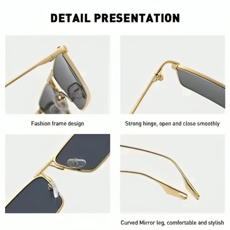 Mursolyn, Luxury Rectangular Metal Frame Sunglasses – Black Lens