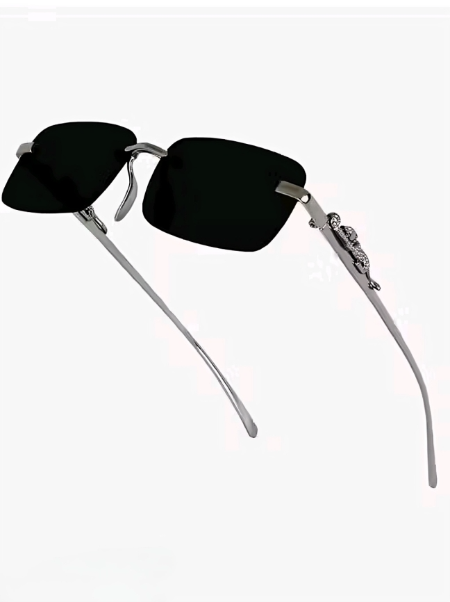 Mursolyn Premium Rimless Rectangle Sunglasses – Black Metal Frame, Black Lenses & UV Protection