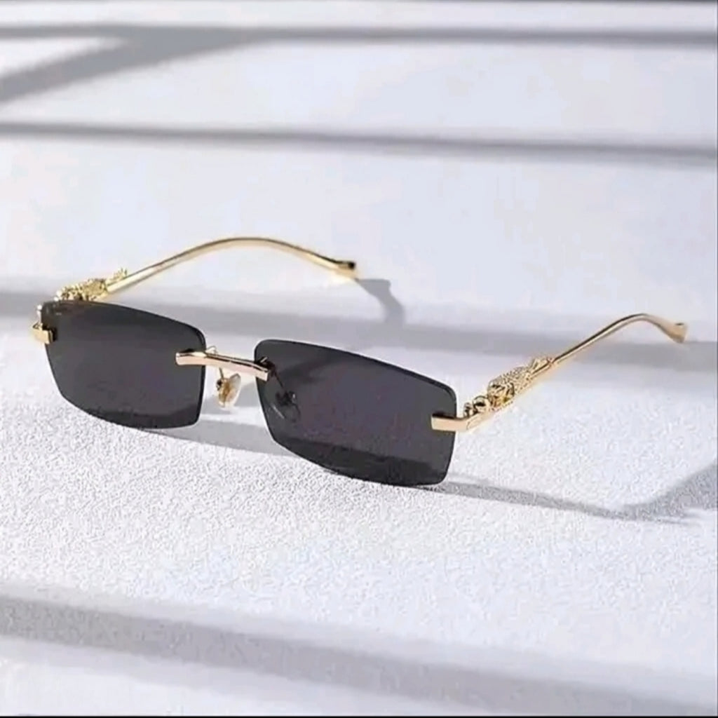 Mursolyn Elite Gold Rimless Sunglasses – Sleek Luxury with Panther Detailing