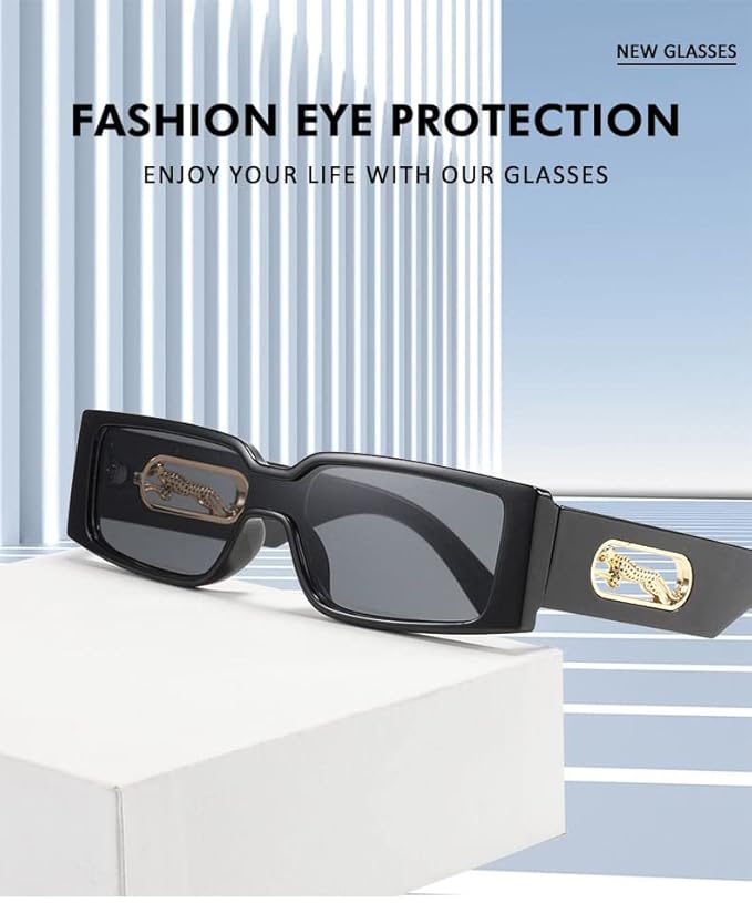 Mursolyn Panther Luxe Black Rectangle Sunglasses – Bold Style with Gold Accents