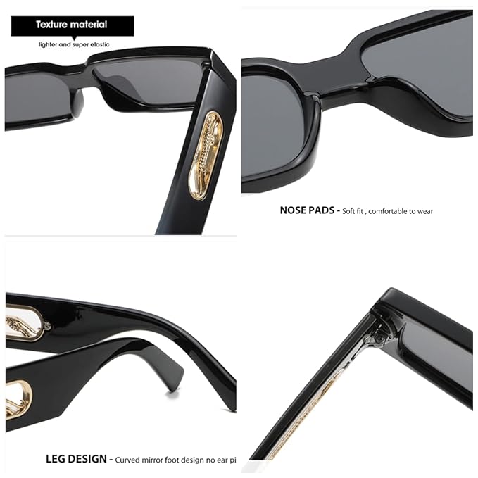 Mursolyn Panther Luxe Black Rectangle Sunglasses – Bold Style with Gold Accents