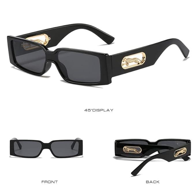 Mursolyn Panther Luxe Black Rectangle Sunglasses – Bold Style with Gold Accents